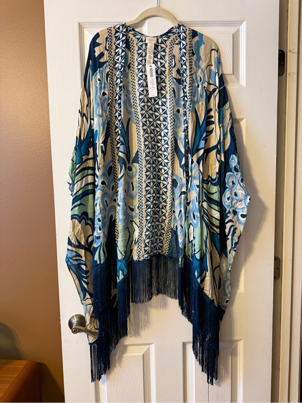 NWT Chico's Multifloral Fringed Ruana Poncho Wrap L/XL